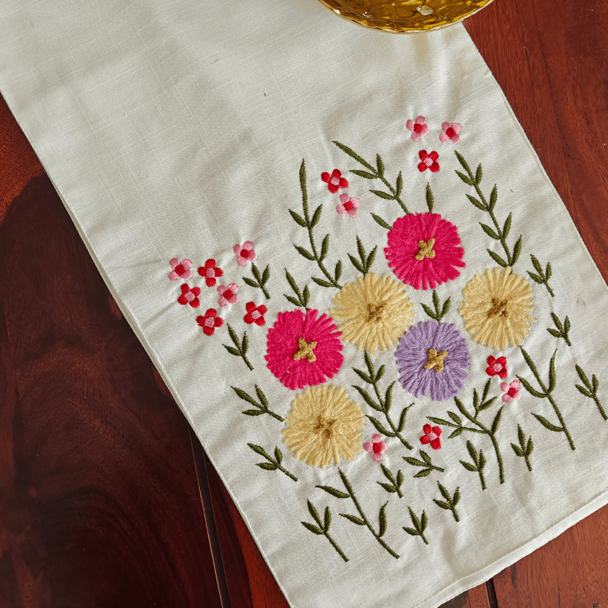 Flora Embroidered Table Runner – 72" x 12" - Coral Slub -